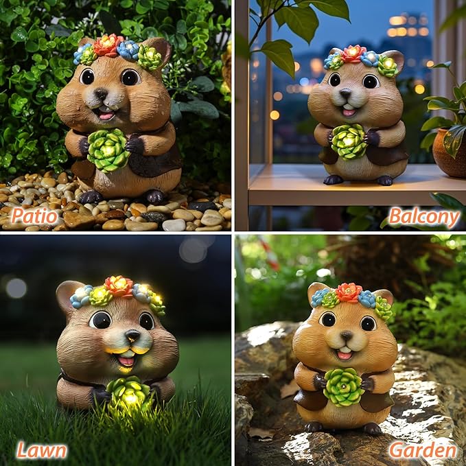 Solar Garden Decor Outdoor Statues Hamster with Succulent and LED Lights Birthday Gifts for Women Mom Grandma Outside Decorations for Lawn, Porch, Yard, Patio, Balcony