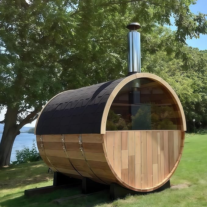 Customize Wood Burning Sauna 4-8 Person, Outdoor Canadian Red Cedar Barrel Sauna with Porch, Glass Window Option, Scenic Porch, Wood Stove, Luxurious Texture