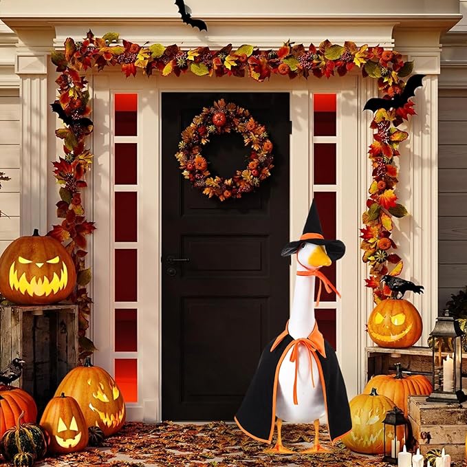 Halloween Porch Goose Outfit Set for 23'' Plastic Statue Lawn Porch Goose Clothes with Cloak Hat Costume for Indoor Outdoor Patio Yard Lawn Art Decor(Orange)
