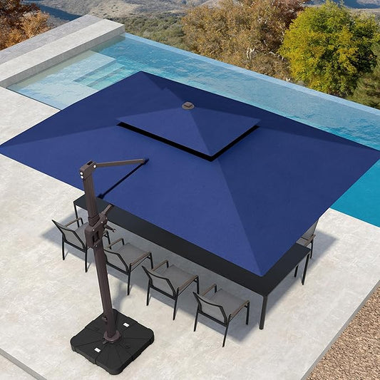 10' X 13' Patio Umbrella with Base Included Outdoor Large Rectangle Offset Cantilever Umbrellas Double Top Heavy Duty Windproof with 360-degree Rotation for Pool Garden Deck