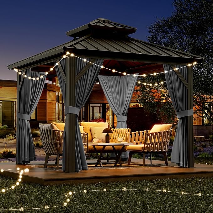 Outdoor Gazebos Canopy 10 x 10 ft Permanent with High Strength Aluminum Frame, Iron Double-Roof, Pavilion with Curtain and Netting for Patio, Lawn, Deck, Garden