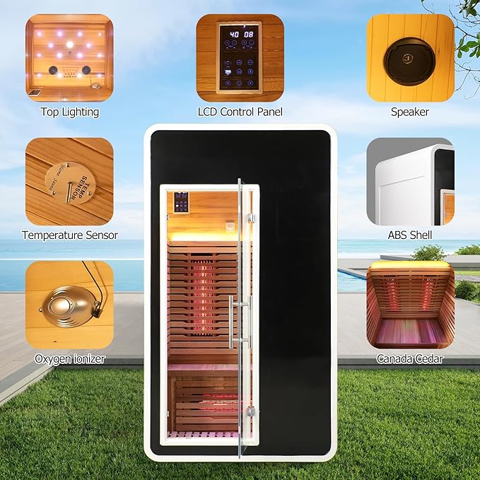 1 Person Infrared Sauna for Home,Canadian Cedar Outdoor Wooden Dry Sauna with Rapid Heating Tubes&Carbon Plate,LCD Control Panel and Tempered Glass Door (1-Person)