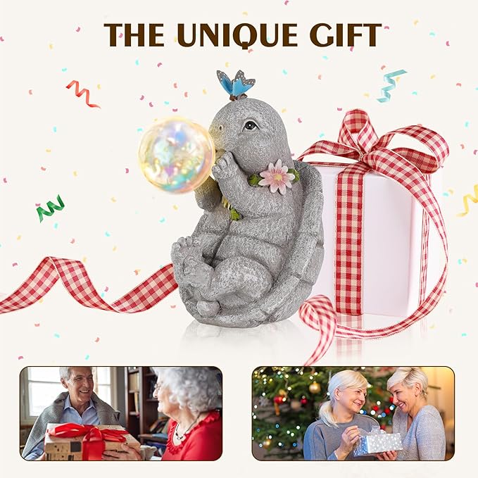 MININOVA Outdoor Garden Decorations Turtle Statues with Solar Light Resin Waterproof Figurines for Outside Yard Patio Mon Birthday Thanksgiving Day