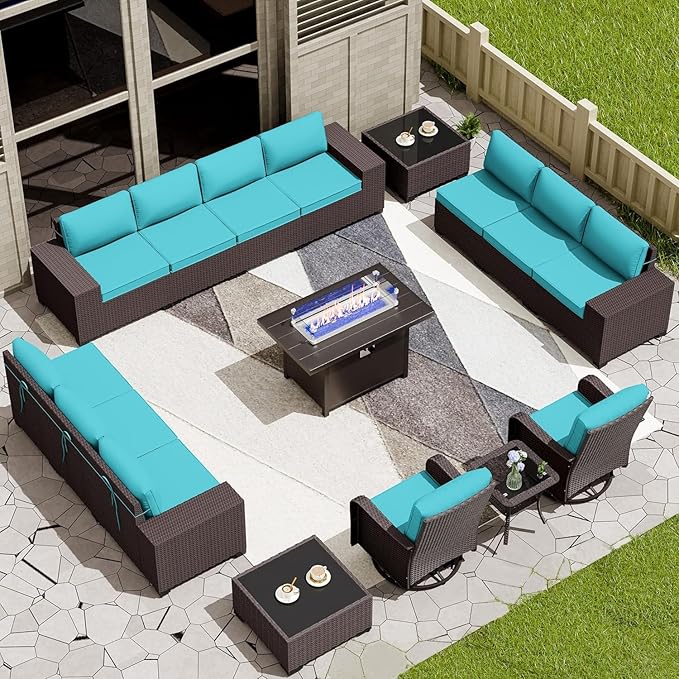 16 Pieces Outdoor Patio Furniture Set Outdoor Furniture Patio Sectional Sofa Conversation Sets w/ETL Approved 45" Gas Outdoor Fire Table & Coffee Table, Swivel Rocking Chair Turquoise.