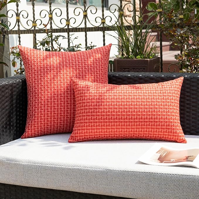 Kevin Textile Outdoor Waterproof Throw Pillow Covers Pack of 2 Farmhouse Decorative Cushion Covers for Garden Patio Tent Balcony Bench Couch Sofa 20x20 Inch, Red