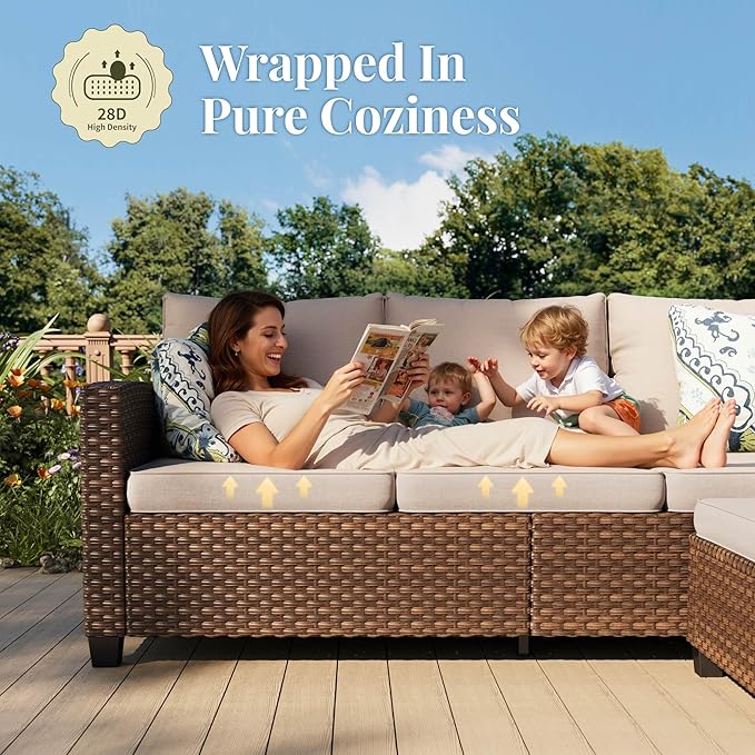 Patio Furniture Set, 8 Pcs Wicker Rattan Outdoor Conversation Set, 4 x Leg Chairs, 1 x 3 Seater Sofa and 2 x Ottomans with 4" Thick Cushion and 32" Fire Pit Table, Beige