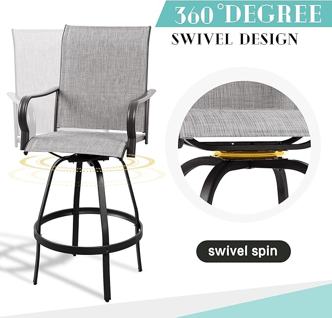 Vongrasig 4 Piece Patio Swivel Bar Chairs, All Weather Metal Textile High Swivel Bar Stools Chairs, Outdoor High Top Bistro Set for Backyard, Lawn Garden, Balcony, Light Grey
