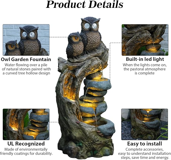 34.3''H Outdoor Water Fountain Owl Tree Stump, 4 - Tier Cascading Waterfall Garden Fountains with LED Lights & Pump Water Feature Resin for Patio, Deck, Yard, Home Decor