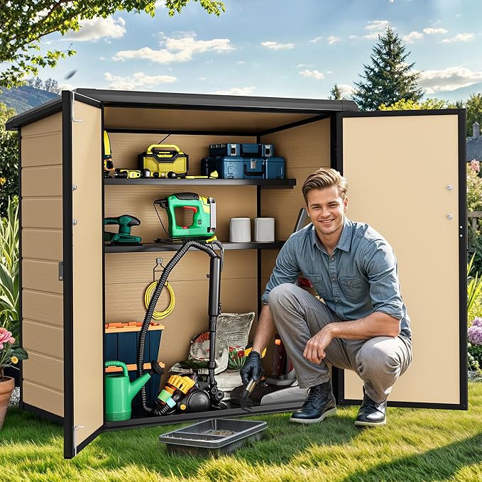 DWVO 51 cuft Outdoor Storage Shed with 2 Shelves, Weatherproof Vertical Tool Shed with Floor & Lockable Doors, Sturdy Double-Wall Plastic Cabinet for Garbage Cans and Garden Equipment (Brown)