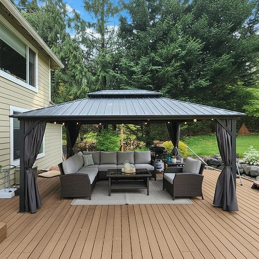 PURPLE LEAF 12'x16' Hardtop Gazebo with Lights Permanent Aluminum Double Roof on Galvanized Steel Frame Outdoor Patio Gazebo Including Netting and Curtains for Backyard Lawn Garden Grey