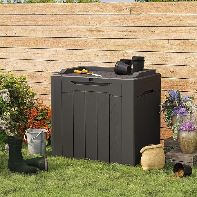 Patiolife 30 Gallon Resin Deck Box, Small Outdoor Storage for Garden Tools, Pool Supplies, Waterproof and Lockable, Black