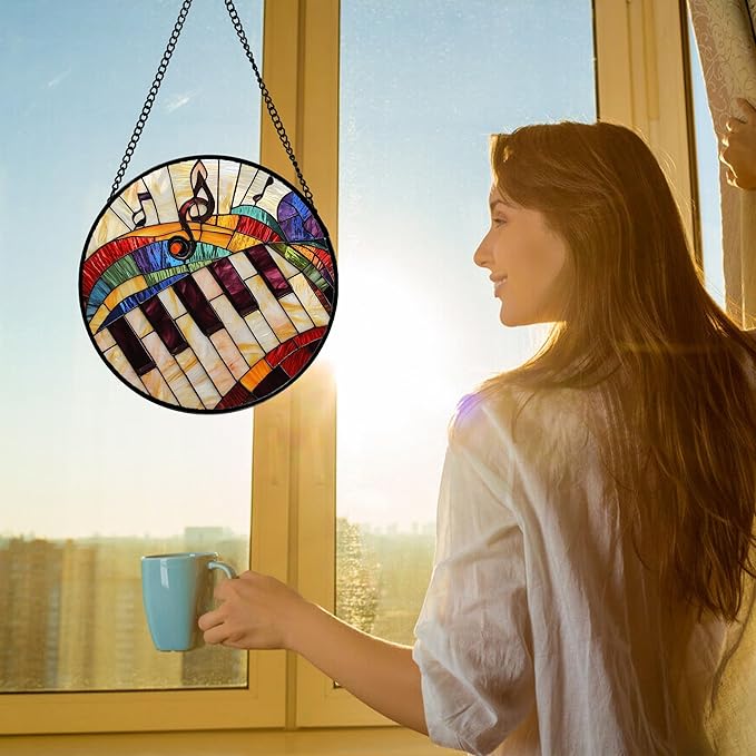 Stained Glass Window Hanging, Piano Notes Sun Catchers Glass Panel Suncatcher Decor for Birthday for Women, Men, Wife, Aunt, and Mom 9.8 in