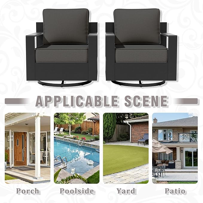 Aluminum Patio Swivel Chair - Outdoor 360°Swivel Chair with 6" Thick Water-insistant Cushions, All-Weather Use Frame, Removable Cover, Ideal for Garden, Poolside (Grey)