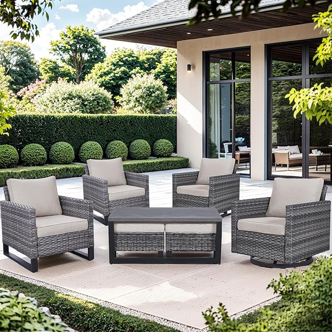 Wicker Patio Furniture Set：7 Piece Outdoor Patio Furniture Set with 2 Swivel Patio Chairs 2 Single Chairs a Coffee Table and 2 Ottomans, Grey Wicker/Beige Cushion
