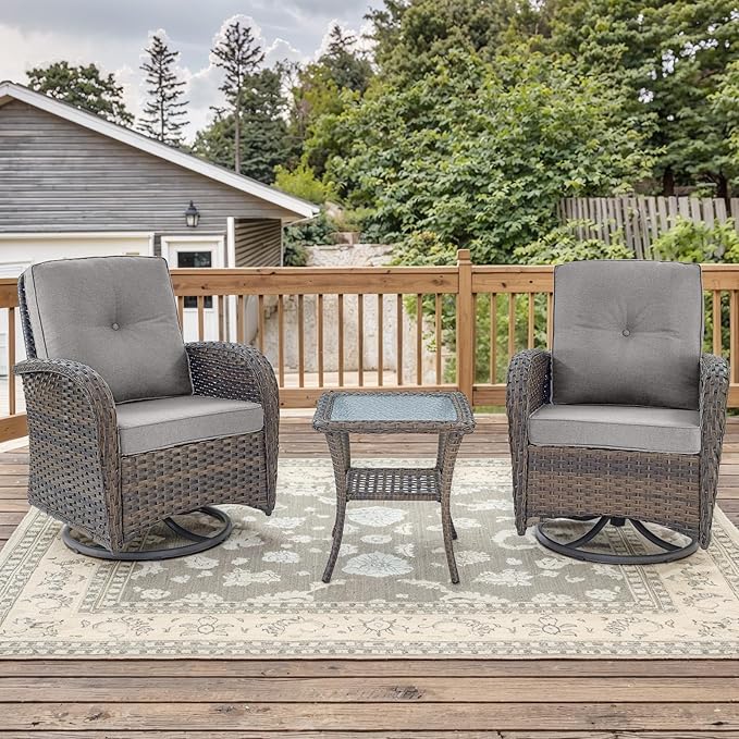 Outdoor Swivel Glider Rocker Chairs - 3 Piece Patio Furniture Set, Patio Bistro Sets with Tempered Glass Side Table, for Balcony, Porch - Brown Wicker, Grey Cushion