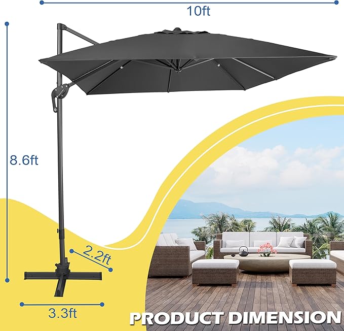 Sunnyglade 10x10Ft Cantilever Patio Umbrella Square 360° Rotation & Integrated Tilting System Offset Umbrella with 8 Sturdy Ribs, Fade-resistant & Waterproof for Garden Backyard Poolside Deck