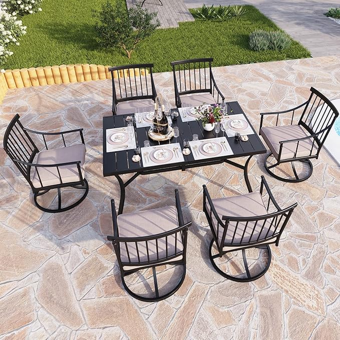 PHI VILLA 7 Pieces Outdoor Dining Set for 6, Black Rectangle Wrought Iron Table with Umbrella Hole & Swivel Metal Chairs with Cushions, Modern Furniture for Patio, Deck, Yard, Porch