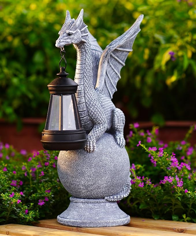 Dragon Statue with Solar Lights Lantern,Outdoor Garden Sculpture Decor for Yard Lawn Balcony Patio Porch,Gardening Gifts for Mom Women Grandma