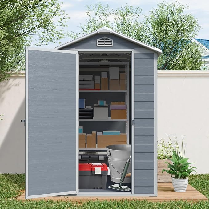 4x6ft Outdoor Storage Shed, Resin Patio Furniture Storage with Lockable Door, All-Weather，Garden Shed Kit with Reinforced Floor & Natural Light Window，UV Protection， (Gray, 4x6ft)