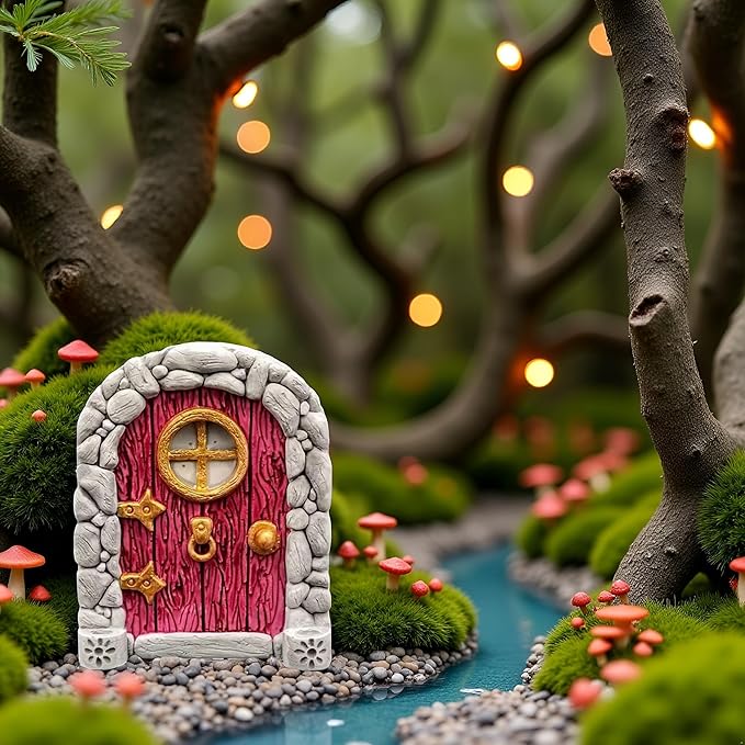 Red Mini Fairy Garden Door for Tree, 3D Miniature Fairy Door for Fairytale Tiny House Doors, Bonsai Terrarium Micro Landscape Decoration Accessories Garden Miniatures
