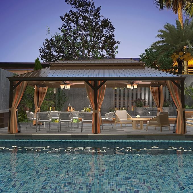 YOLENY 12'x22' Hardtop Gazebo, Galvanized Steel Double Roof Canopy with Aluminum Frame Permanent Metal Pavilion with Netting and Curtains for Patio Backyard Deck and Lawns