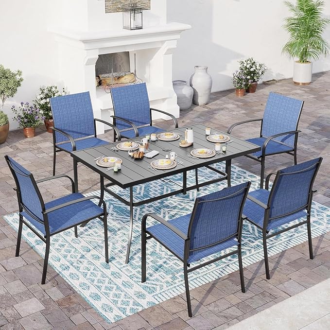 7 PCS Patio Dining Set for 6, Rectangular Metal Dining Table with Umbrella Hole and 6 Chairs, Outdoor Table and Chairs Set for Lawn Garden Backyard and Deck, Blue