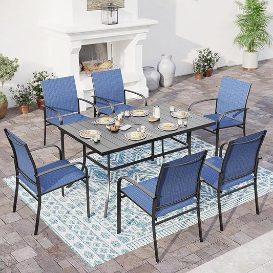 7 PCS Patio Dining Set for 6, Rectangular Metal Dining Table with Umbrella Hole and 6 Chairs, Outdoor Table and Chairs Set for Lawn Garden Backyard and Deck, Blue