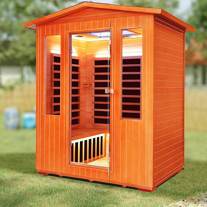 Outdoor Sauna 4 Person Dry Infrared Sauna with Red Light Wood Personal Spa Room Low-EMF 2600W 240V Abysmal Lamp Bluetooth Speakers 62.2"x46.9"x81.9"