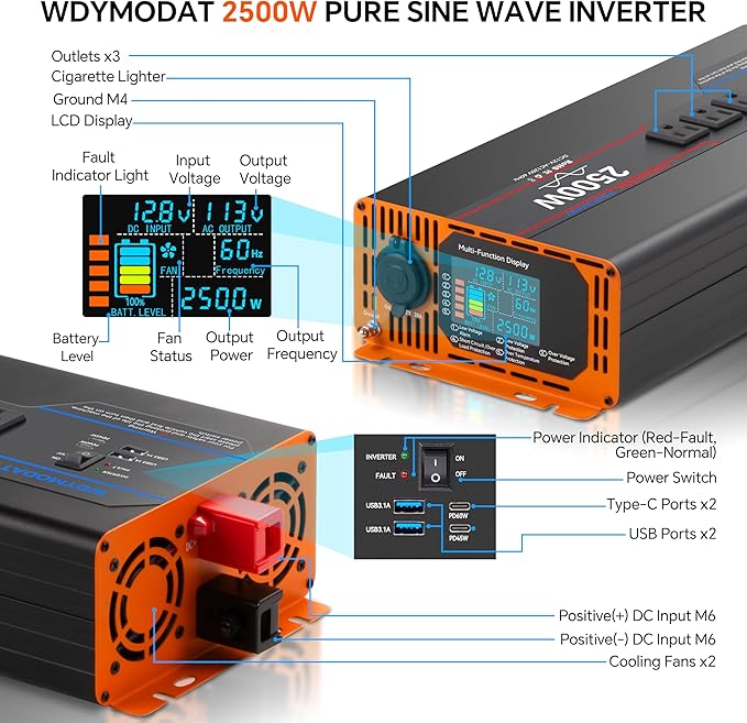 2500W Pure Sine Wave Inverter, Car Power Inverter 12V to 110V 120V, DC to AC Converter Generator with AC Outlets 3.0A USB Type-C, Remote Controller LCD Display Truck Inversor for Vehicles, RV