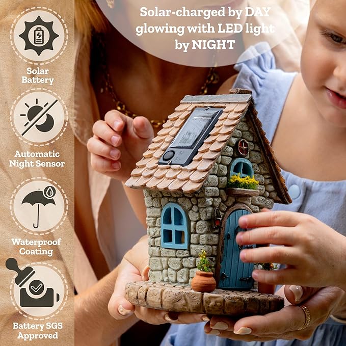 My Fairy Garden Kit – 11-Piece Fairy House Set - 7.1" High Fairy House for Outside with Open Door & Solar Light, Fairy & Dog Figurines, Mushrooms & Miniature Accessories – Outdoor Decor Gift