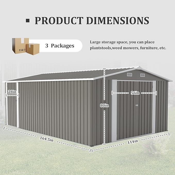 10x14 FT Outdoor Metal Storage Shed with Lockable Door, Steel Garden Utility Shed with Vents, Backyard Patio Tool Shed for Lawn Equipment, Bike, Firewood and Mower Storage, Light Gray