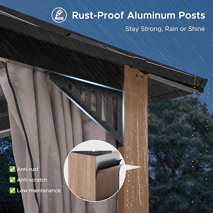 SUNJOY Kingston 10' x 10' Hardtop Gazebo with Galvanized Steel Double Roof, Curtain and Netting, Woodgrain Finish Aluminum Posts Permanent Pavilion Gazebo for Garden, Patio, Deck, Lawn