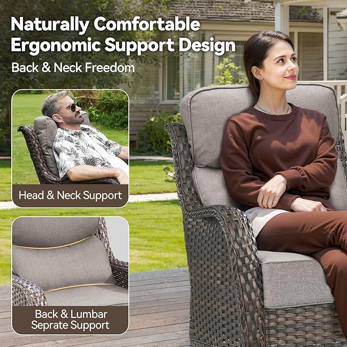 HUMMUH Outdoor Patio Wicker Swivel Rocker Chairs Set of 2 with 6-Inch Thick Cushion High Back Wicker Conversation Set for Porch Balcony Deck