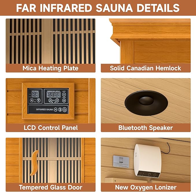 springspa 3 Person Infrared Sauna Indoor, 15amp Low EMF Far Infrared Canadian Hemlock Sauna with 2 LCD Panels, Bluetooth