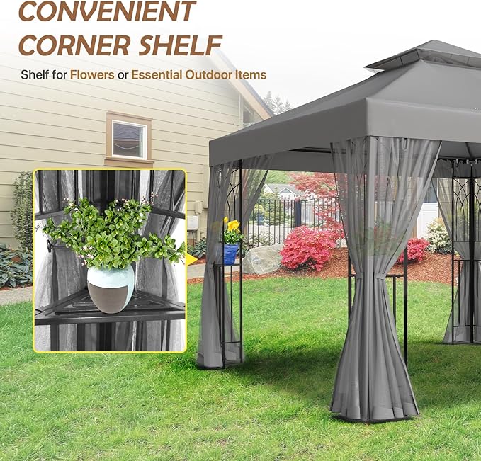 COOS BAY 10x10 Outdoor Patio Gazebo with Netting and Corner Shelves, Two-Tier Soft Top Canopy for Backyard, Lawn, Deck and Garden, Gray