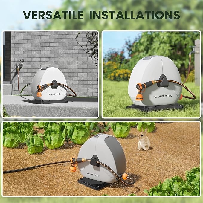 Giraffe Tools Retractable Hose Reel with 1/2 Inch x 100FT, Heavy Duty Ground Mount Garden Hose Reel, Automatic Rewind,with 9-Function Sprayer Nozzle & Flexible Swivel Base