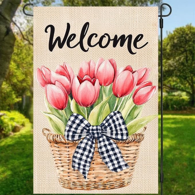 Spring Floral Garden Flag Tulips Garden Decoration Supplies 12x18 Inch Double Sided Flag Farmhouse Holiday Outside Seasonal Decor Seasonal Flower Yard Flags