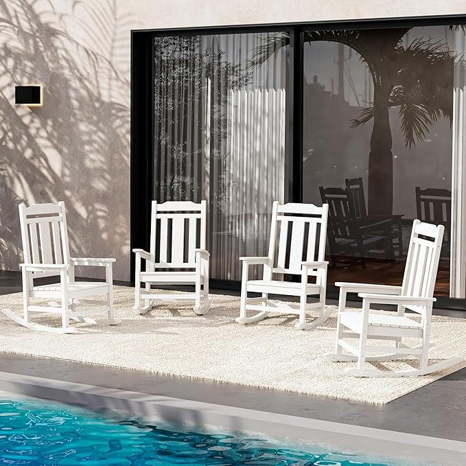 SERWALL Oversized Rocking Chair Set of 4 Outdoor, HDPE Outdoor Rocking Chair Set of 4, White