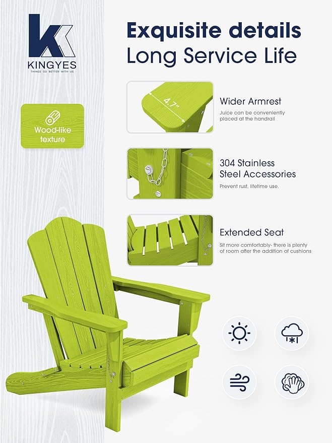 KINGYES Folding Adirondack Chair Set of 4, HDPE All-Weather Folding Adirondack Chair, Apple