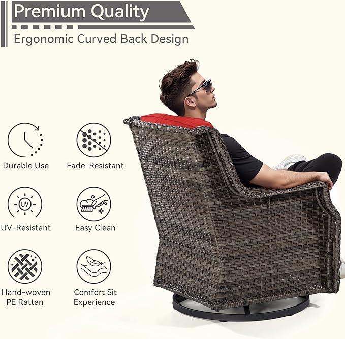 Outdoor Swivel Rocker Patio Chair with Matching Side Table - 360 Degree Patio Swivel Glider Chair with 3.5" Olefin Cushions(Mixed Grey/Red)