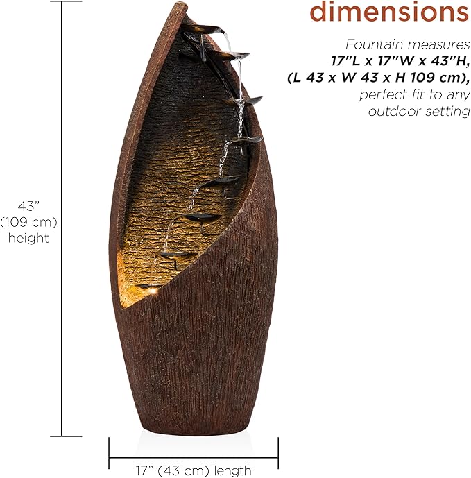 Alpine Corporation GIL122 43" Outdoor Floor Contemporary Tiered Bronze Metal Water Fountain with LED Lights, Stylish Outdoor Water Feature for Garden and Patio Décor, Brown