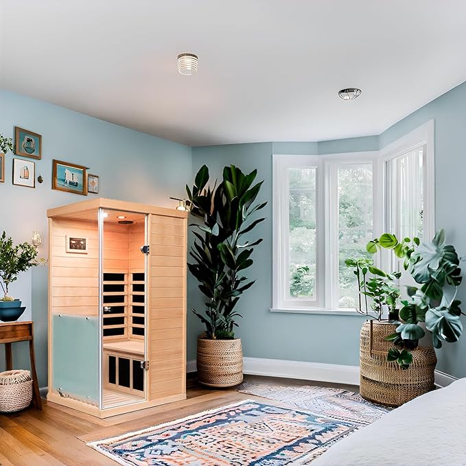 Small Sauna Far Infrared Saunas for Home 1 Person, 1060W, 6 Heating Panels, Hemlock Wooden Indoor Sauna Room with Tempered Glass, Left Door Opening, Blue-Tooth, LCD-Display Control