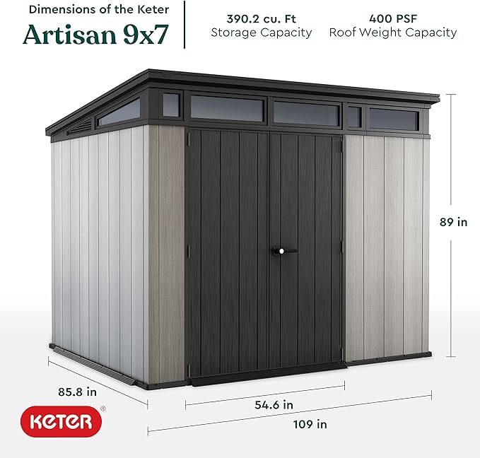 Keter Artisan 9x7 Foot Large Outdoor Shed with Floor with Modern Design for Patio Furniture, Lawn Mower, Tools, and Bike Storage, feet, Grey/Black