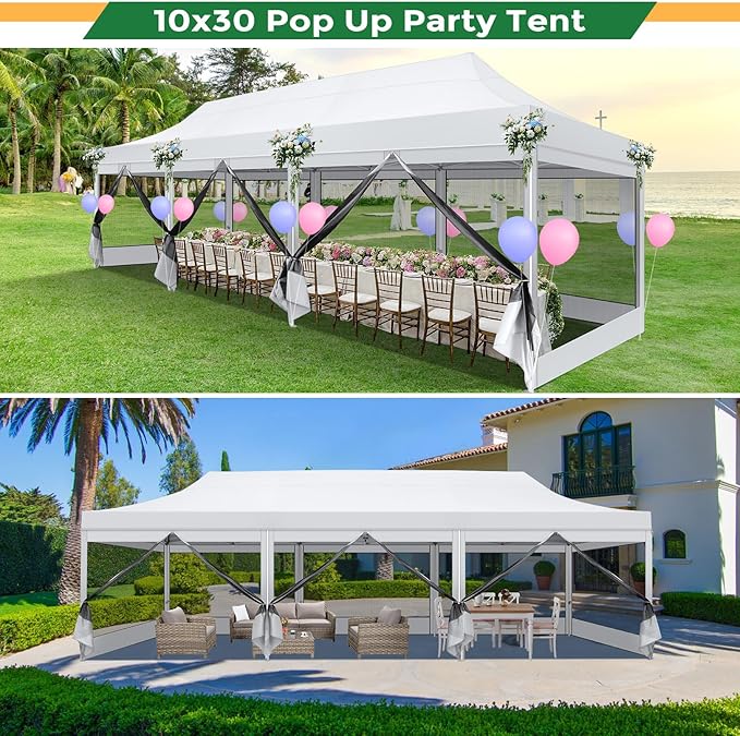 COBIZI 10x30 Heavy Duty Pop Up Canopy with 8 Sidewalls, Commercial Gazebo Party Tent with Mosquito Netting Wall Easy Set Up Outdoor Instant Screen Tent for Backyard, Patio, Garden, White