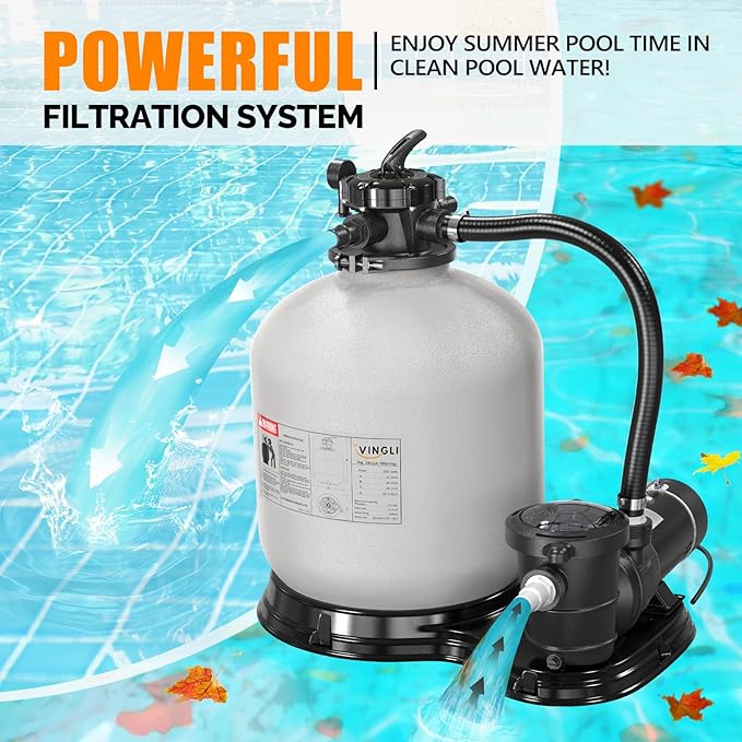 VINGLI Sand Pool Filter 24in Tank with A 1.5 HP Pump 115V Above Ground Inground Swimming Pool Pump with Filter Basket,5400GPH