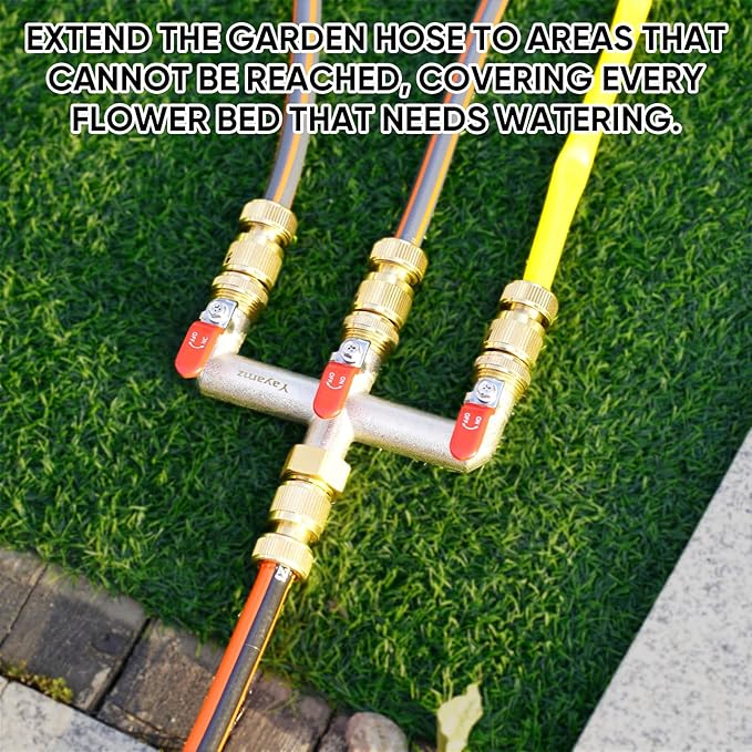 3 Way Garden Hose Splitter, Heavy Duty Brass Nickel Plated Rust Resistant Faucet Manifold, 3/4" Frost Resistant Outdoor Hose Adapter Connector，Hose Spigot Adapter with 3 large red handles