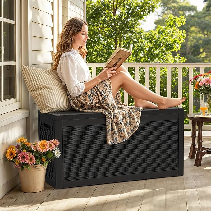 YITAHOME 60 Gallon Outdoor Storage Box, Large Water Resistant Resin Deck Box, Indoor Outdoor Lockable Rattan Storage Container for Patio, Garden, Cushions, Tools, Equipment (Black)
