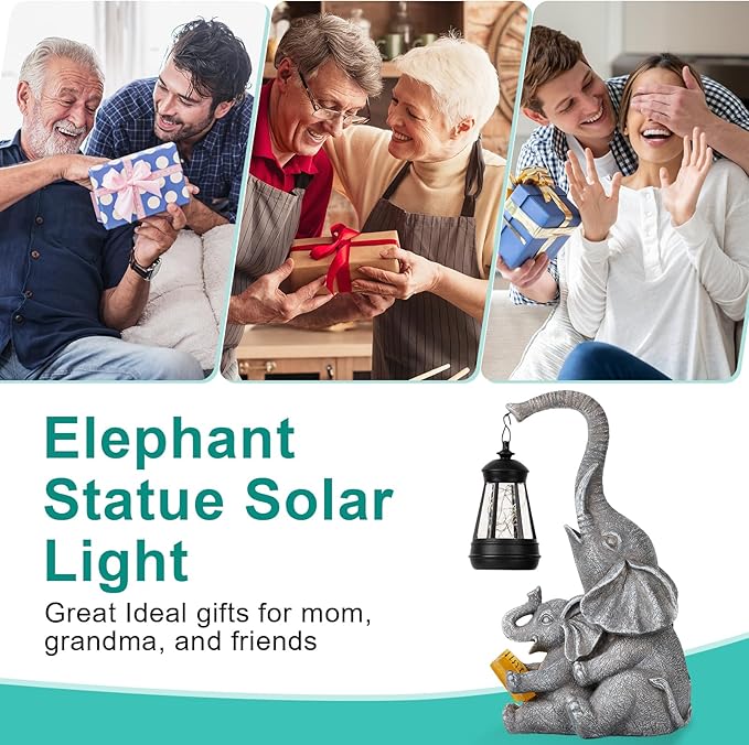 Solar Elephant Statue Lights Outdoor Garden Decoration, Elephant Statue with Solar Lantern Outdoor Decoration for Mother Women Birthday Gift-Courtyar Balcony Lawn Decor
