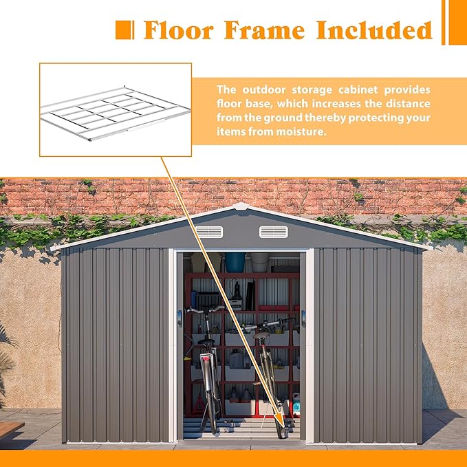10x8 FT Sheds & Outdoor Storage Shed with Floor Frame, Metal Shed Included Lockable Sliding Door and Air Vents Foundation Steel Garden Shed with Waterproof Roof Ideal for Backyard Patio (Dark Gray