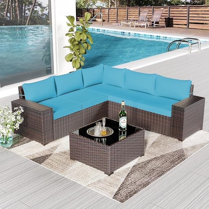 Outdoor Patio Furniture Set, 6 Pieces Outdoor Furniture All Weather Patio Sectional Sofas PE Wicker Modular Conversation Sets with Coffee Table,5 Chairs & Seat Clips Turquoise Blue.
